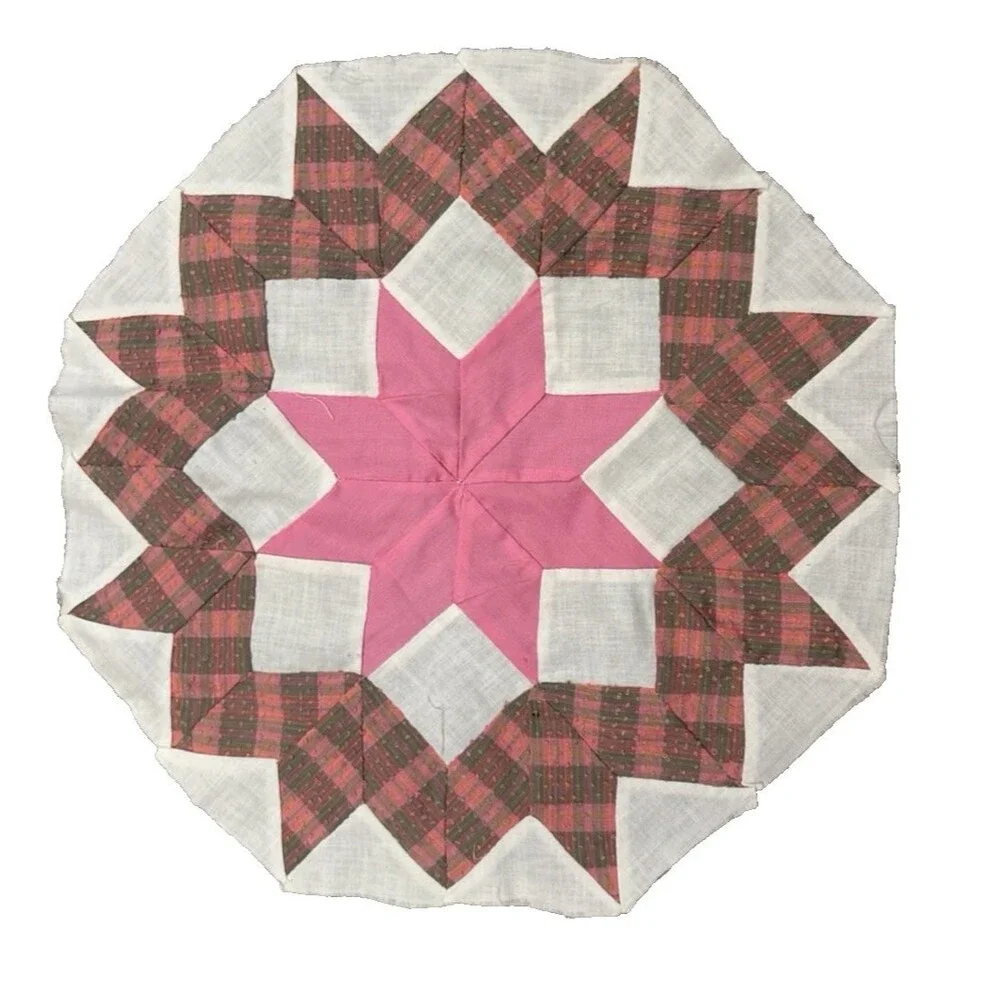 Vintage Hand Pieced Quilt Block Orphan Square 8-Point Star medium pink/olive 14